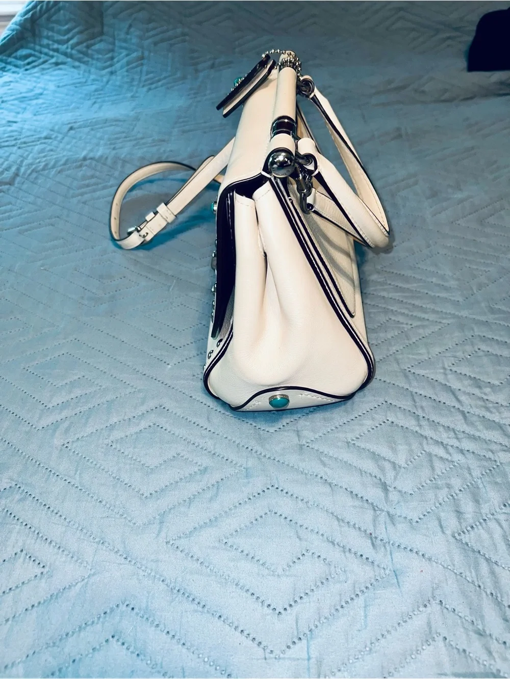 Coach Drifter White Embellished Leather Top-Handbag with Shoulder Strap